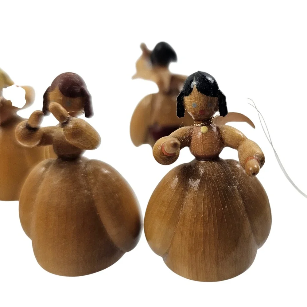 Vintage Hand Carved Wooden Musical Angel Orchestra Figurine Set of 6 Folk Art